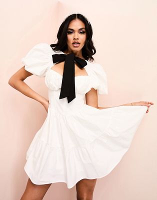 ASOS LUXE corseted cotton poplin mini dress with contrast velvet pussybow and puff sleeve in white