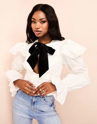 ASOS LUXE cotton poplin ruffled top with contrast velvet pussybow in white