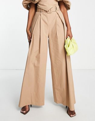 ASOS LUXE cotton wide leg pants in camel - part of a set-Brown