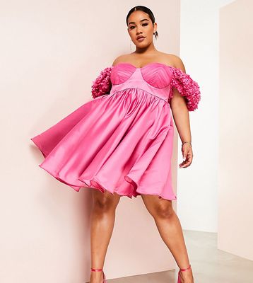 ASOS LUXE Curve 3D floral satin wired babydoll mini dress in pink