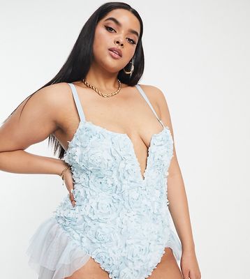 ASOS LUXE Curve 3D flower swimsuit with ruffles in blue