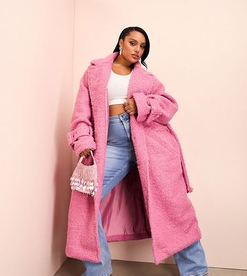 ASOS LUXE Curve borg belted longline coat with adjustable waist in pink