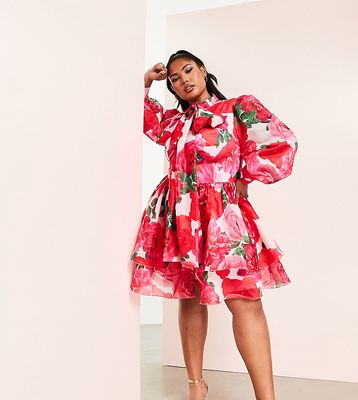 ASOS LUXE Curve chiffon mini swing dress with pussybow in floral-Multi