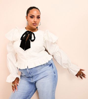 ASOS LUXE Curve cotton poplin frilled top with black velvet tie in white