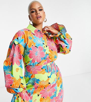 ASOS LUXE Curve cotton shirt dress in bright floral print-Multi