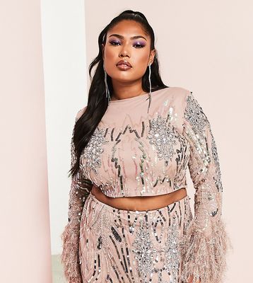 ASOS LUXE Curve cropped embellished top with faux feather cuffs in mink - part of a set-Pink