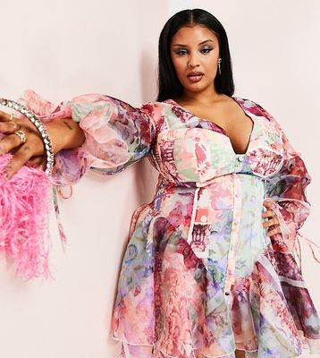 ASOS LUXE Curve cupped organza mini dress in floral scarf print-Multi