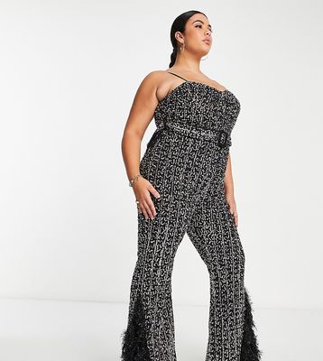 ASOS LUXE Curve embellished belted jumpsuit with faux feather trim in black