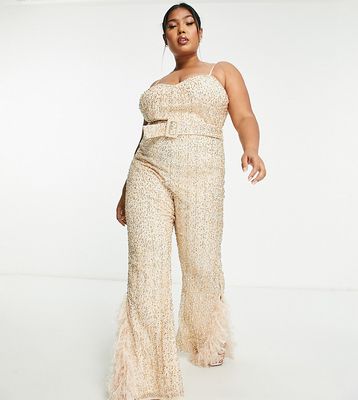 ASOS LUXE Curve embellished belted jumpsuit with faux feather trim in neutral
