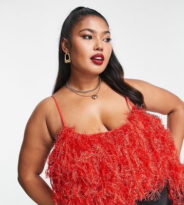 ASOS LUXE Curve feather low back cami body in hot red-Pink