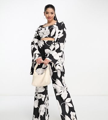 ASOS LUXE Curve flared suit pants in black & white floral print - part of a set