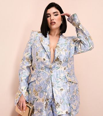 ASOS LUXE Curve jacquard blazer with shoulder pads in blue floral print - part of a set-Multi