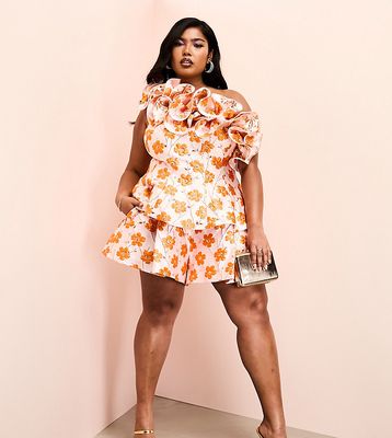 ASOS LUXE Curve jacquard flippy shorts in orange floral - part of a set