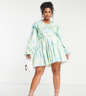 ASOS LUXE Curve marble V neck belted twill smock dress-Multi