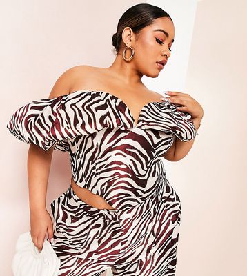 ASOS LUXE Curve off shoulder puff sleeve top in zebra jacquard - part of a set-Multi