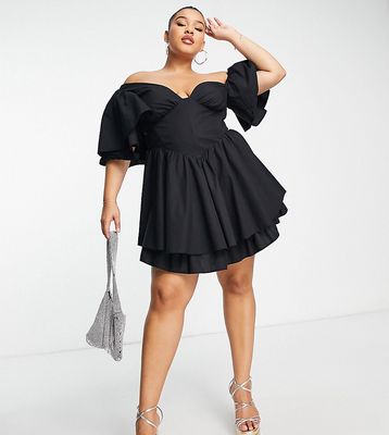 ASOS LUXE Curve one shoulder cotton dress with corset detail and ruffles in black