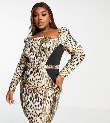 ASOS LUXE Curve puff shoulder square neck belted midi skirt in animal print jacquard-Multi