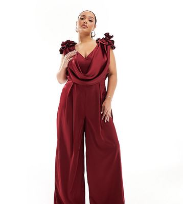 ASOS LUXE Curve satin corsage plunge neck wide leg jumpsuit in oxblood-Red