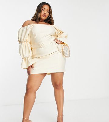 ASOS LUXE Curve stetch linen belted extreme sleeve dress in stone-Neutral