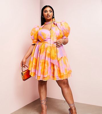ASOS LUXE Curve sweetheart cut-out puff sleeve pussybow mini swing dress in floral-Multi