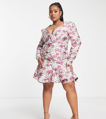ASOS LUXE Curve sweetheart neck mini dress with long sleeves in floral jacquard-Multi