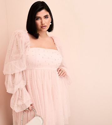 ASOS LUXE Curve tulle baby doll dress with pearl embellishment in pink