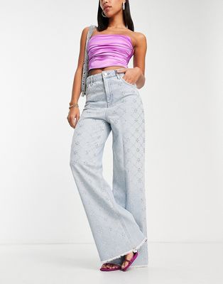 ASOS LUXE denim jeans with all over diamante grid in blue