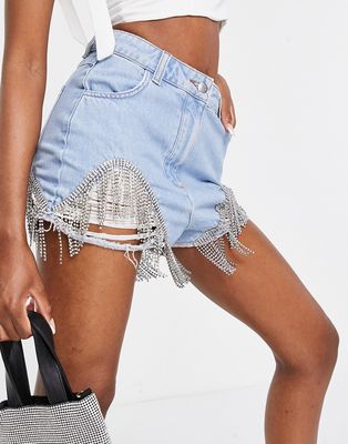 ASOS LUXE denim shorts with rips & diamante trim in blue