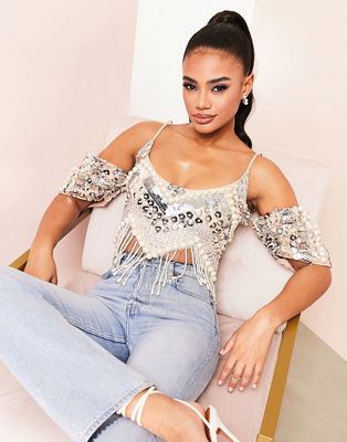 ASOS LUXE embellished cami crop top with draping jewels-Multi