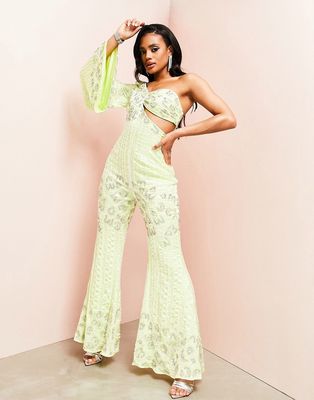 ASOS LUXE embellished fluted sleeve flared jumpsuit in lime-Green