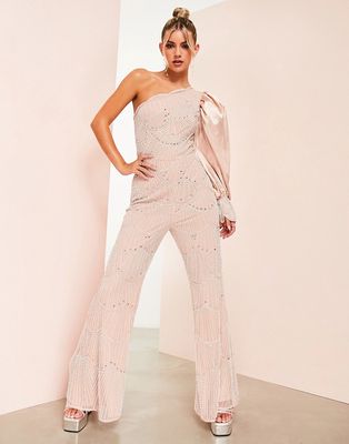 ASOS LUXE embellished pearl one sleeve jumpsuit in pink