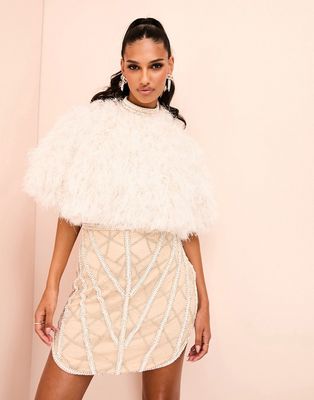 ASOS LUXE faux feather cape embellished mini dress in blush pink