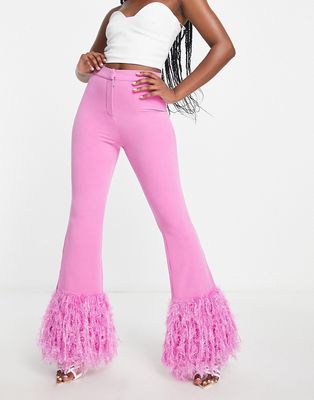 ASOS LUXE faux feather suit pants in pink