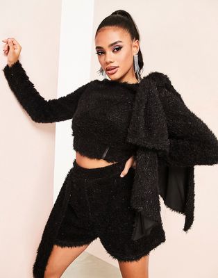 ASOS LUXE faux fur fluffy long sleeve top in black - part of a set