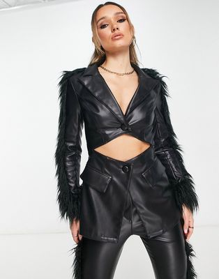 ASOS LUXE faux fur PU cut-out blazer in black