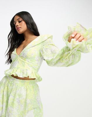 ASOS LUXE floral broderie top in lime green - part of a set