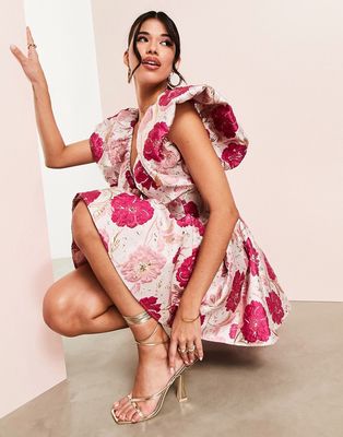 ASOS LUXE floral jacquard bubble plunge dress in pink floral