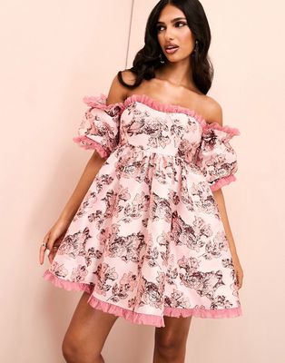 ASOS LUXE floral jacquard off shoulder puff sleeve mini skater dress with organza trim in pink floral