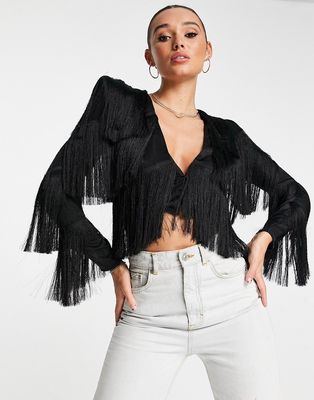 ASOS LUXE fringe top with shoulder pads in black