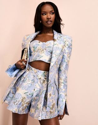 ASOS LUXE jacquard blazer with shoulder pads in blue floral print - part of a set-Multi