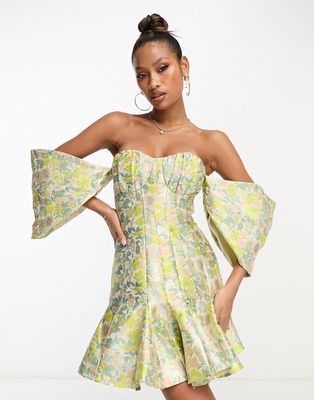 ASOS LUXE jacquard cupped off shoulder mini dress with godet detail in floral-Multi