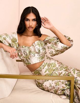 ASOS LUXE jacquard off shoulder crop top in green and gold floral - part of a set