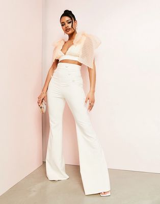ASOS LUXE kickflare pants with button detail in cream - part of a set-White