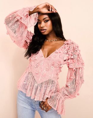 ASOS LUXE mesh floral bardot long sleeved top with velvet flowers and pearl embellishement in pink