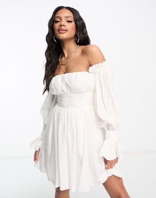 ASOS LUXE off shoulder corset mini dress with blouson sleeve in white