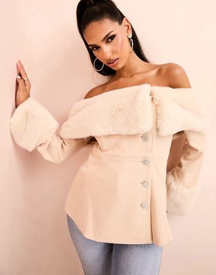 ASOS LUXE off shoulder faux fur blazer with pearl buttons in camel-Neutral