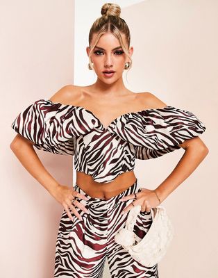 ASOS LUXE off shoulder puff sleeve top in zebra jacquard - part of a set-Multi
