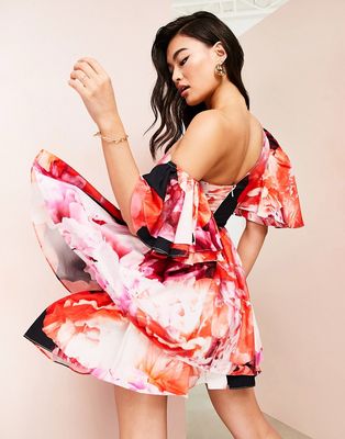 ASOS LUXE one shoulder cotton dress with corset detail and ruffles in floral print-Multi