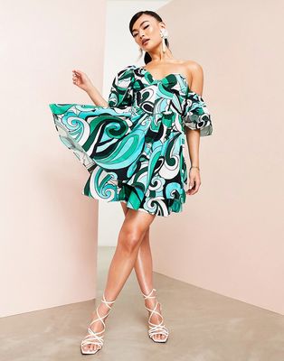 ASOS LUXE one shoulder cotton dress with corset detail and ruffles in green swirl print-Multi