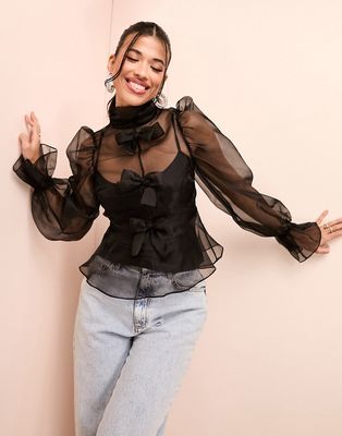 ASOS LUXE organza long sleeve top with bow detail and cami in black